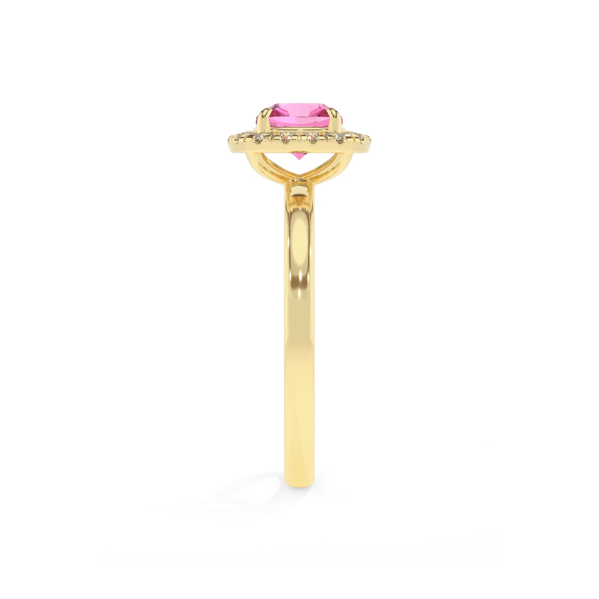 lab grown pink-sapphire cushion solitaire rings in yellow gold 