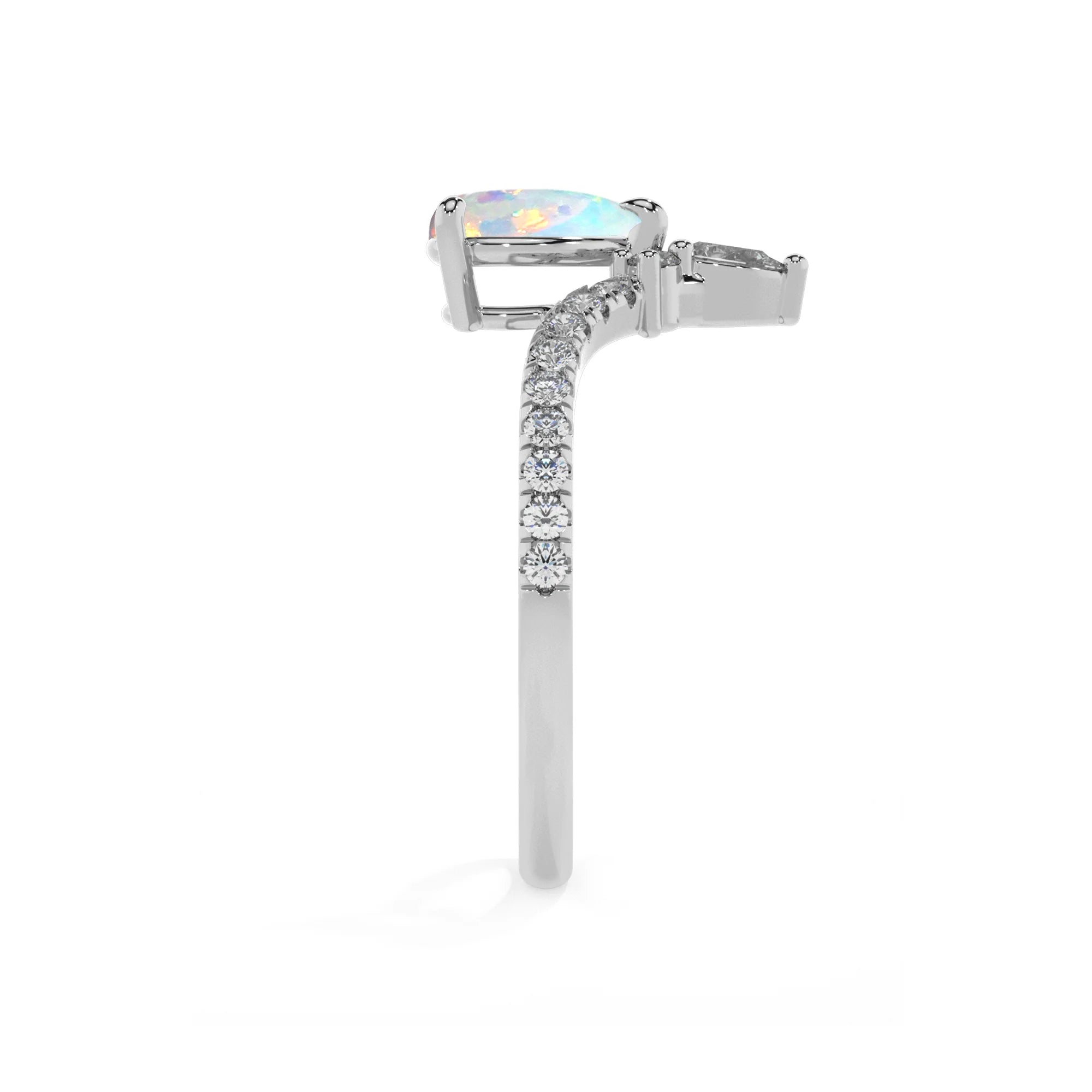 lab grown opal pear solitaire rings in sterling silver 