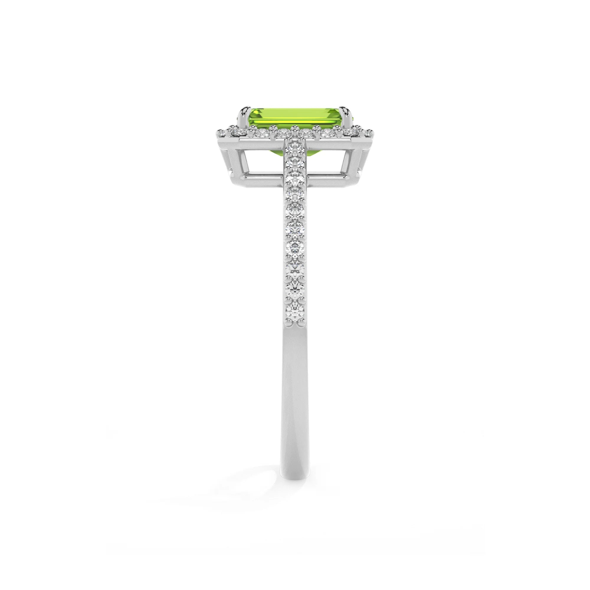 natural peridot emerald cut solitaire rings in white gold 