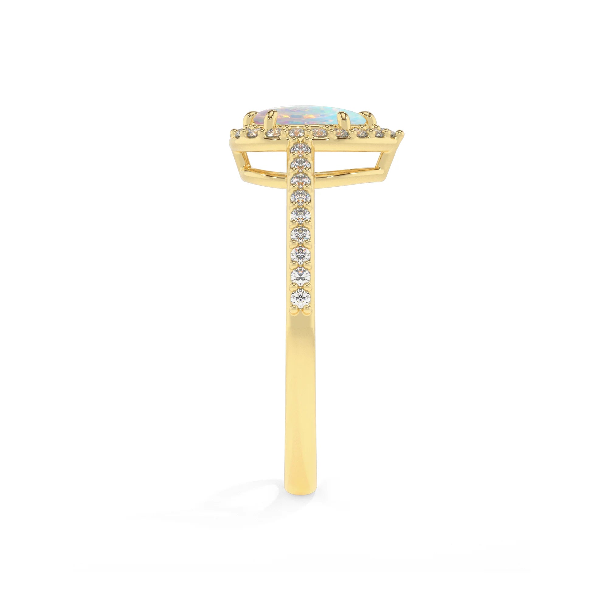 lab grown opal pear solitaire rings in yellow gold 