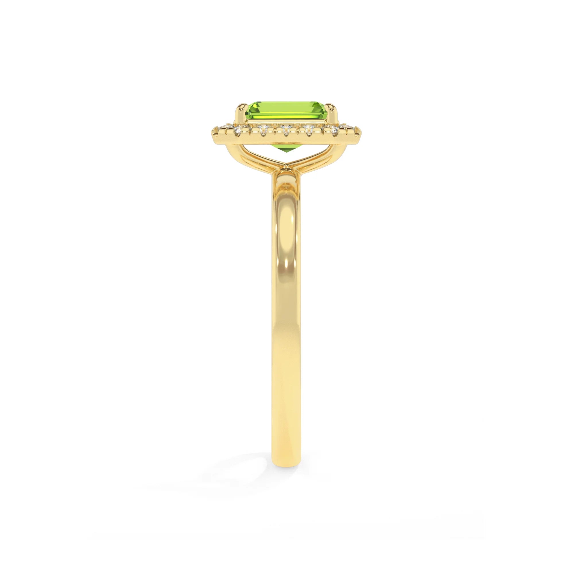 natural peridot emerald cut solitaire rings in yellow gold 