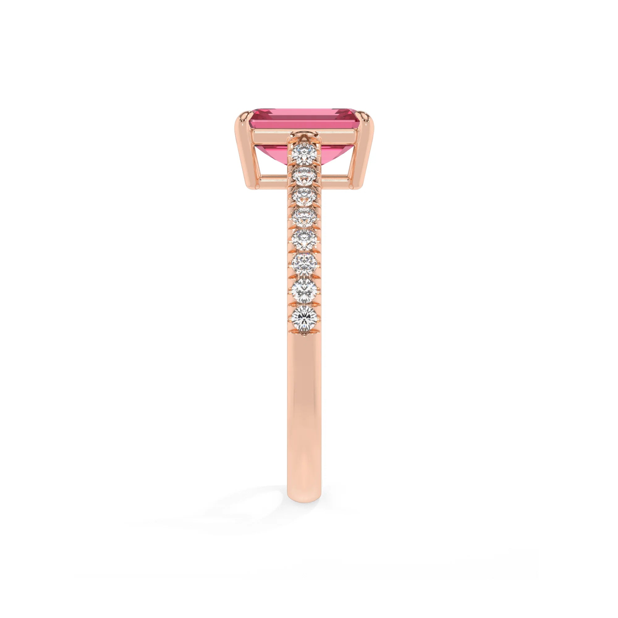 lab grown pink-tourmaline emerald cut half eternity solitaire engagement rings in rose gold 