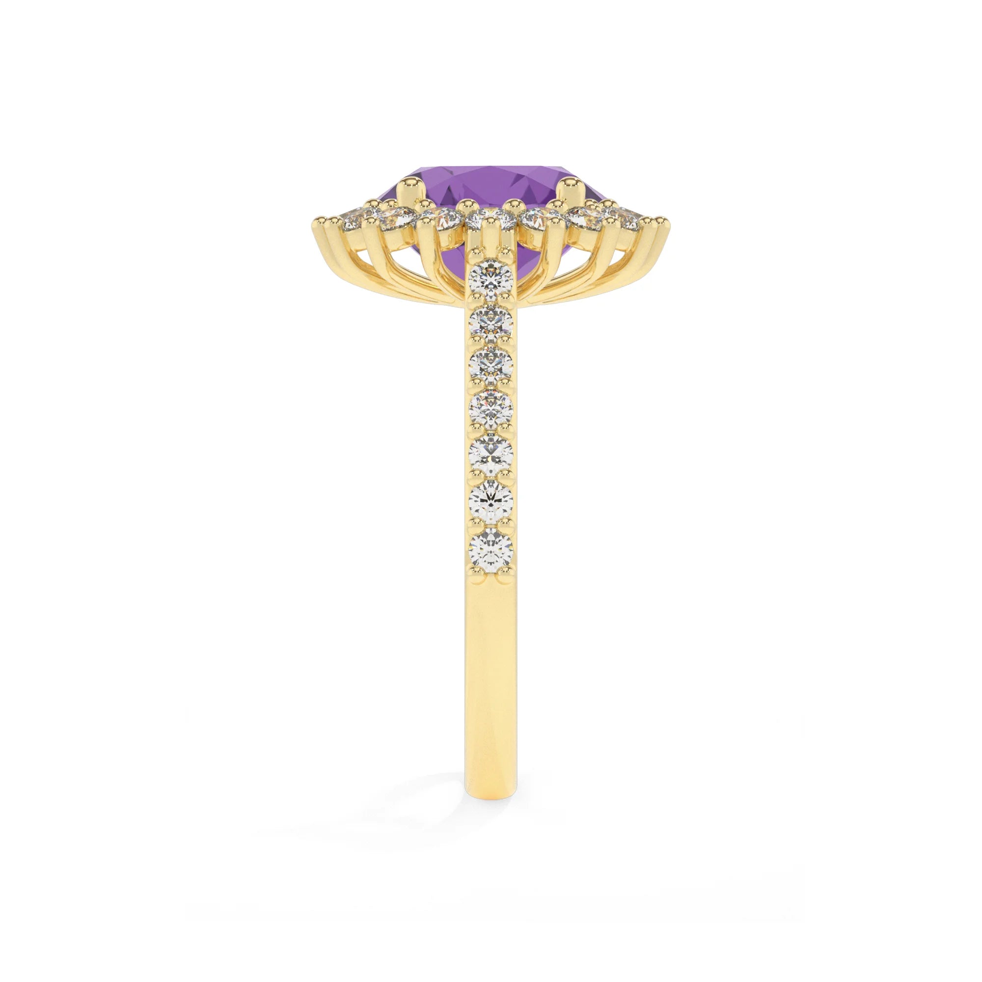 lab grown amethyst round solitaire rings in yellow gold 