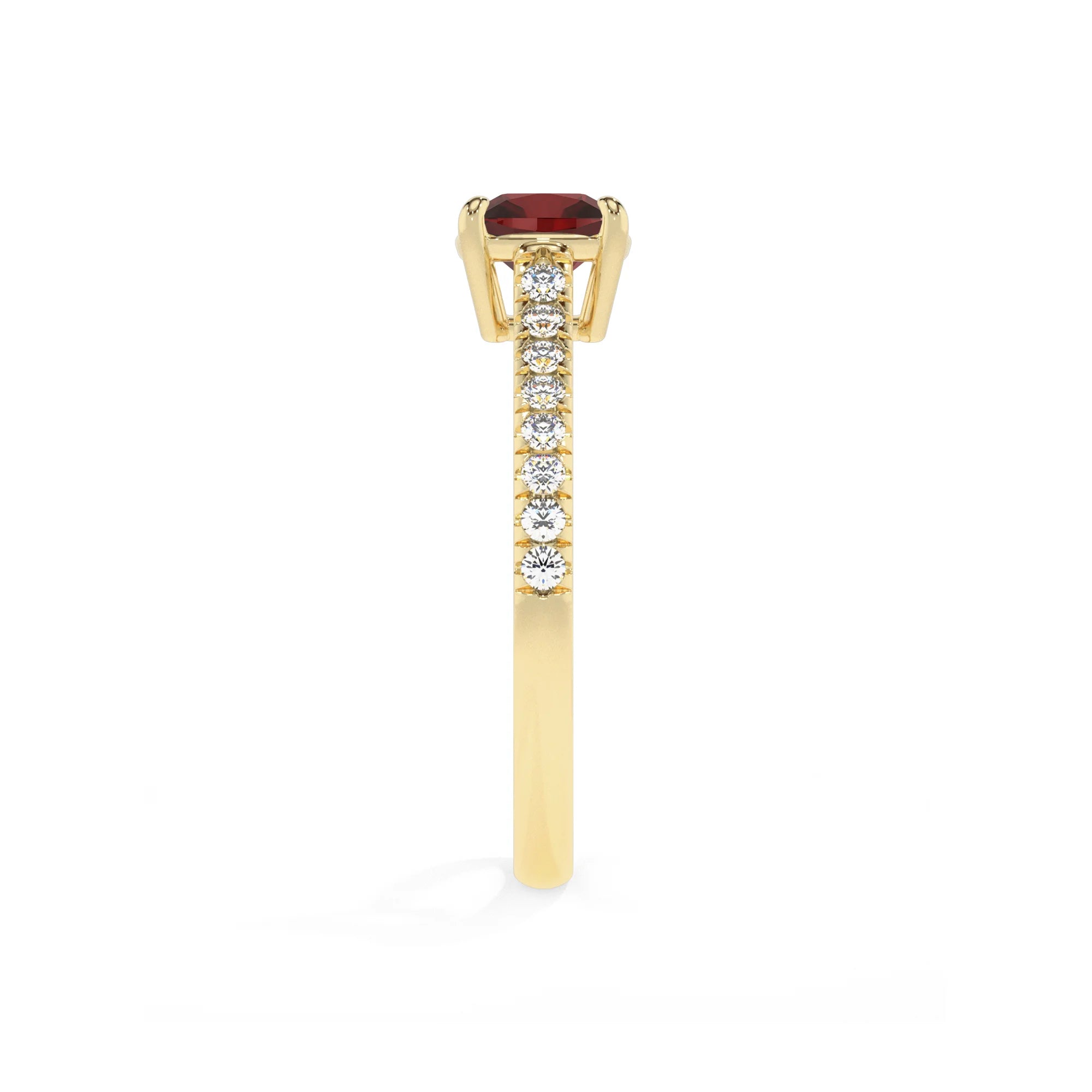 natural garnet cushion half eternity solitaire engagement rings in yellow gold 