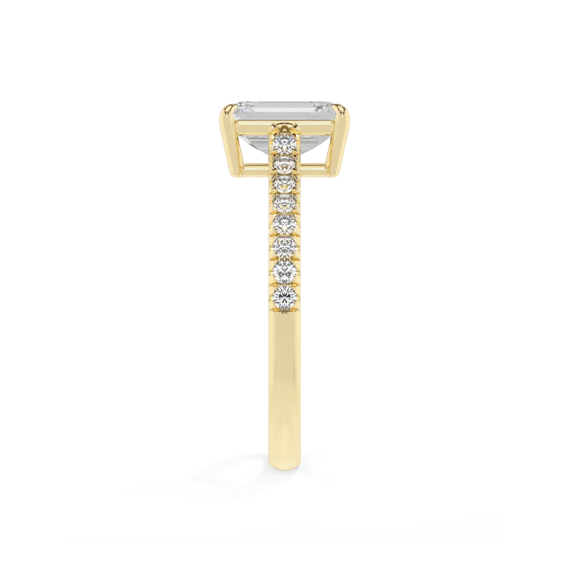 lab grown moissanite emerald cut half eternity solitaire engagement rings in yellow gold 