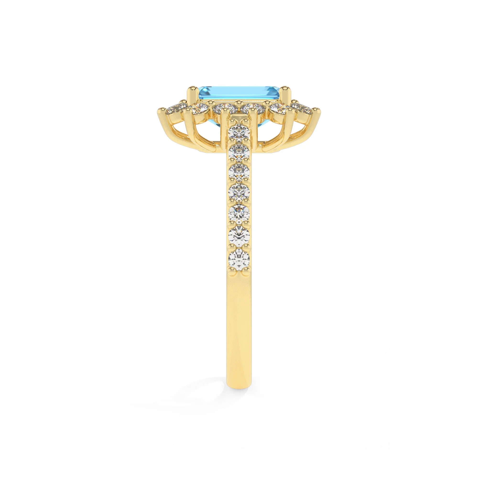 natural swiss-blue-topaz emerald cut solitaire rings in yellow gold 