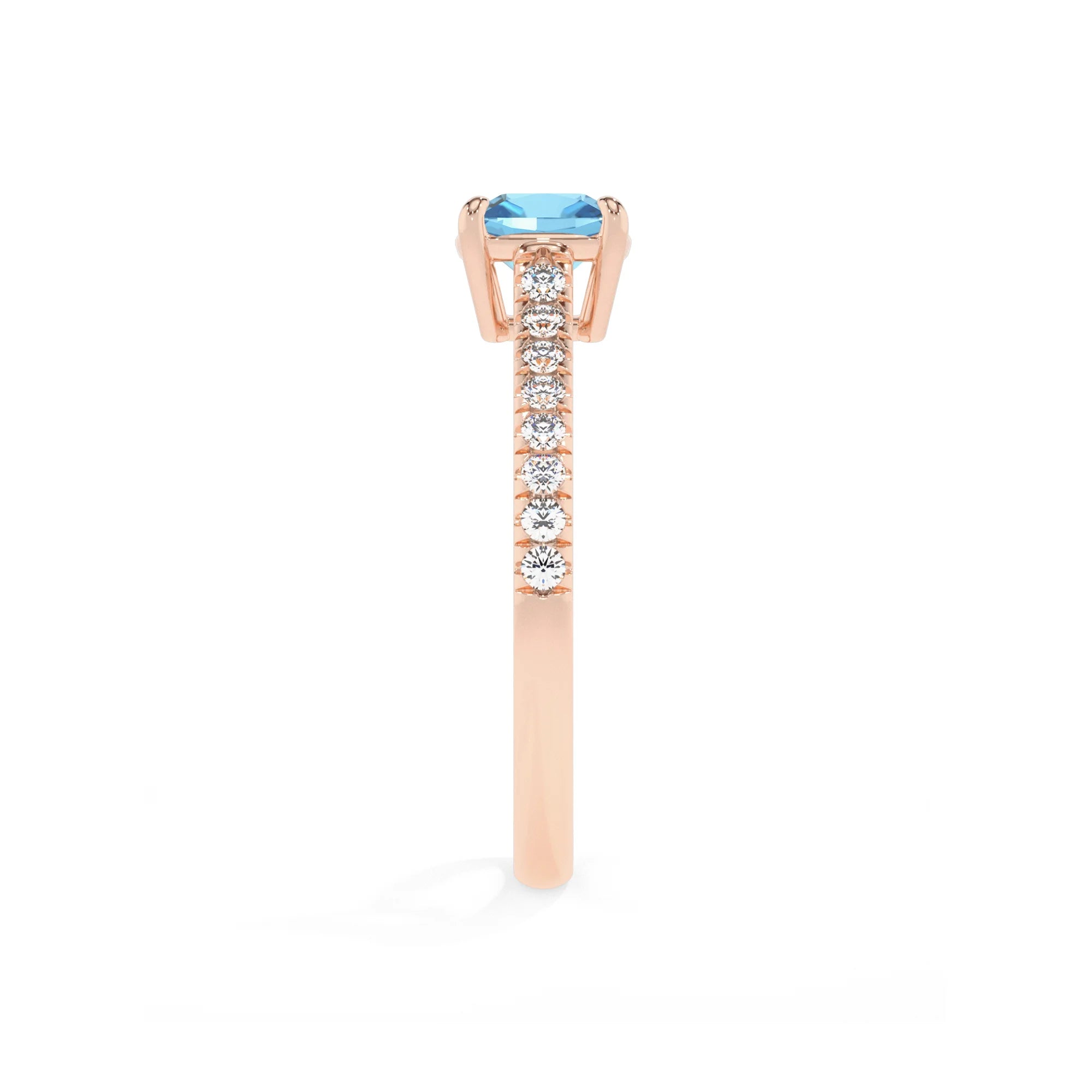 natural swiss-blue-topaz cushion half eternity solitaire engagement rings in rose gold 