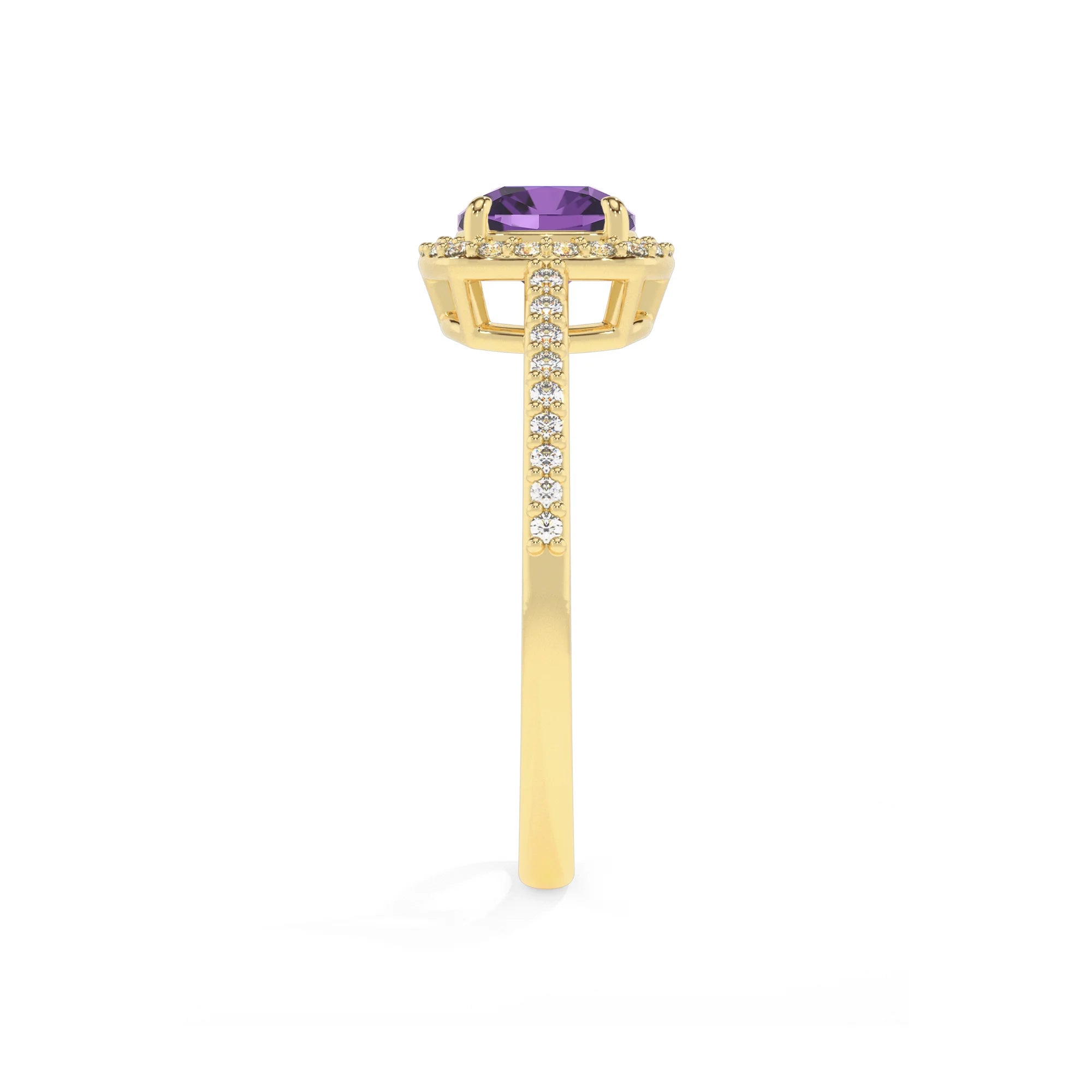 lab grown amethyst cushion solitaire rings in yellow gold 