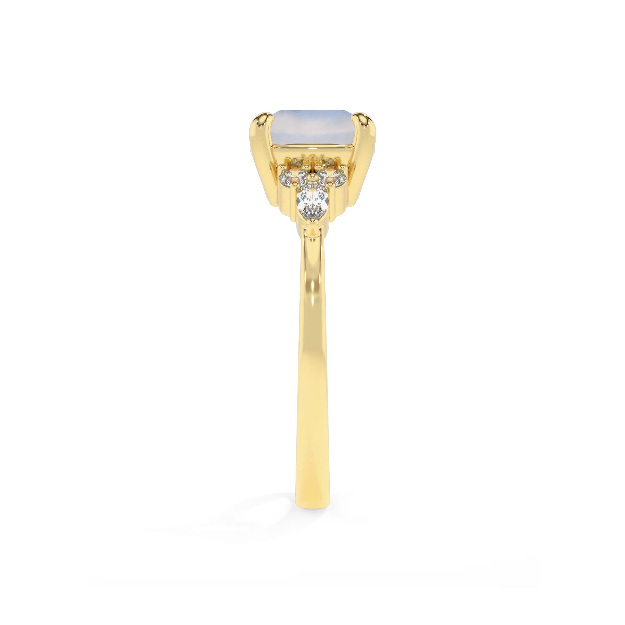 natural rainbow-moonstone cushion solitaire rings in yellow gold 