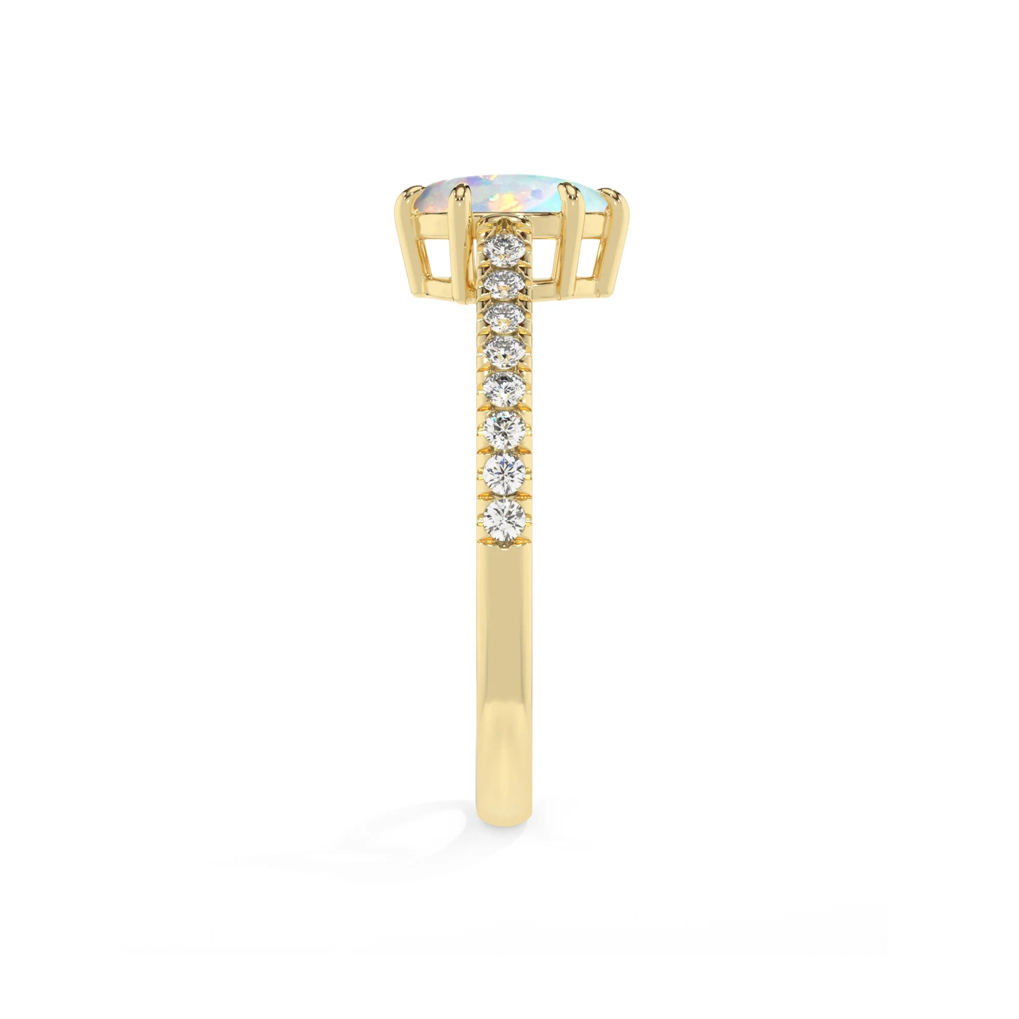 lab grown opal pear half eternity solitaire engagement rings in yellow gold 