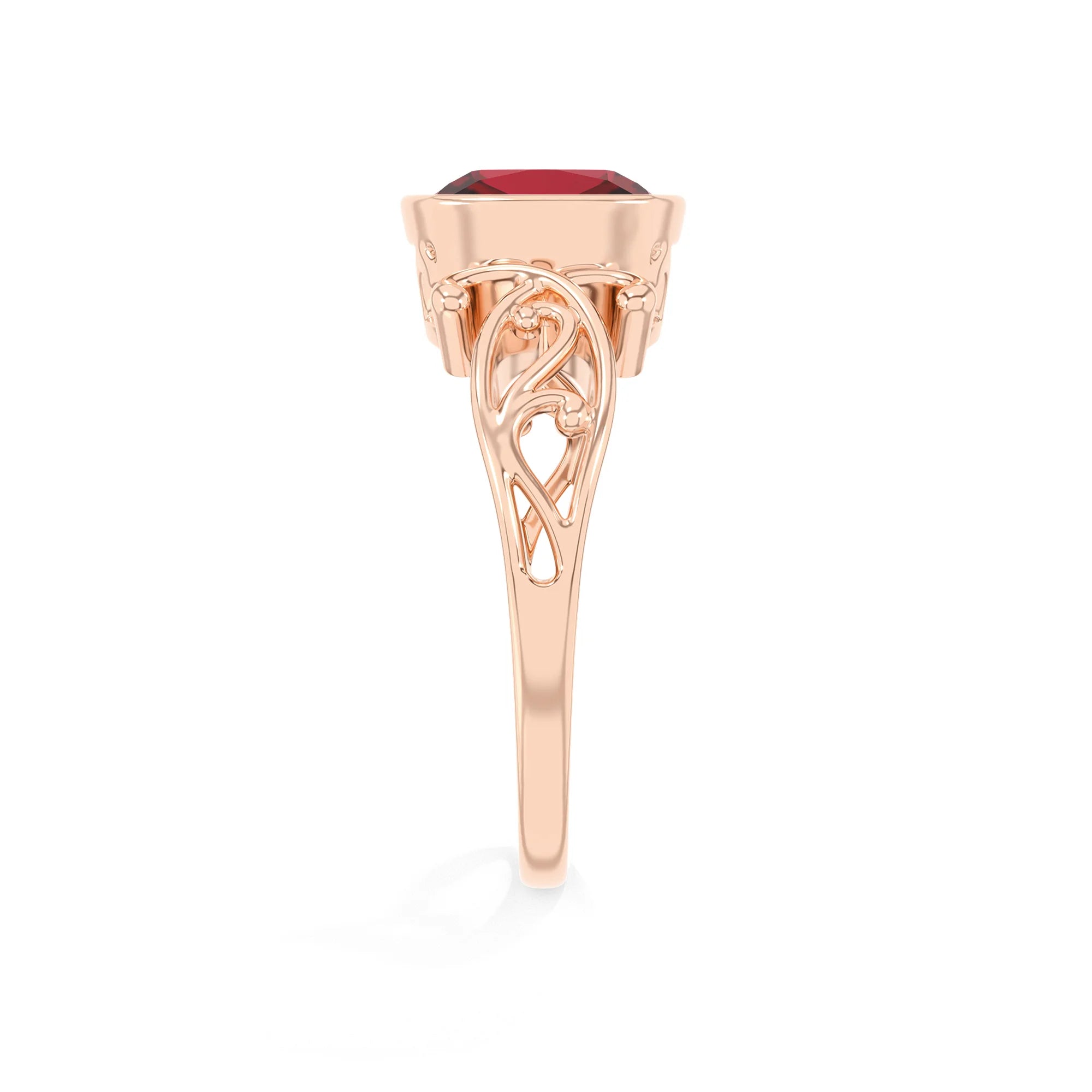 lab grown ruby cushion solitaire rings in rose gold 
