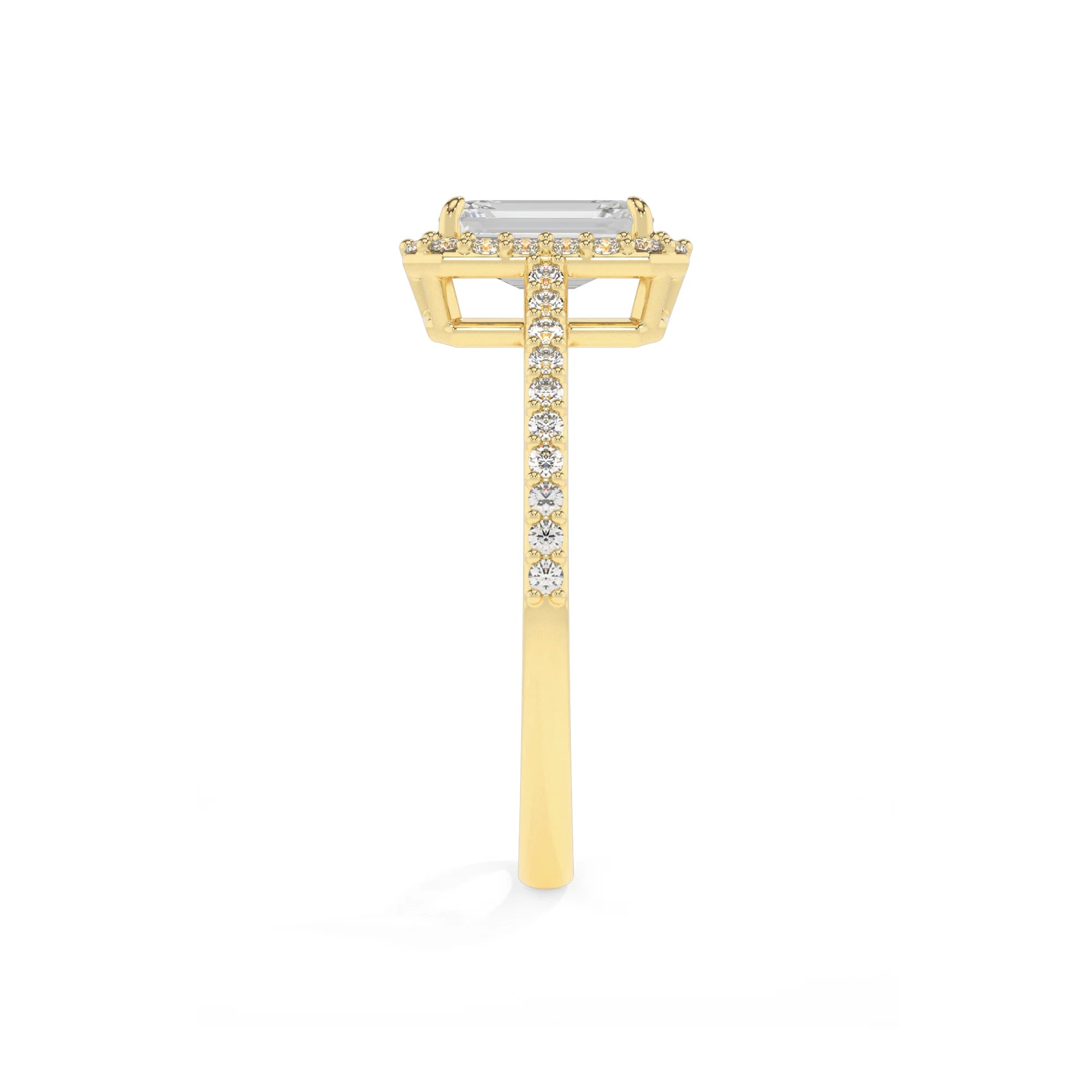 lab grown moissanite emerald cut solitaire rings in yellow gold 