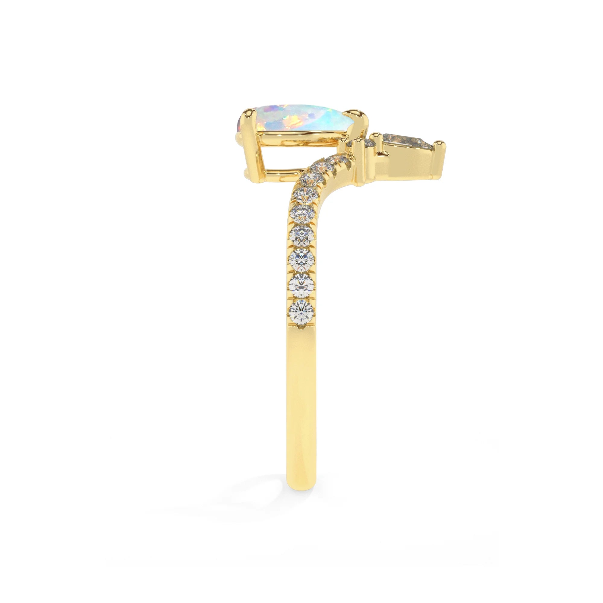 lab grown opal pear solitaire rings in yellow gold 