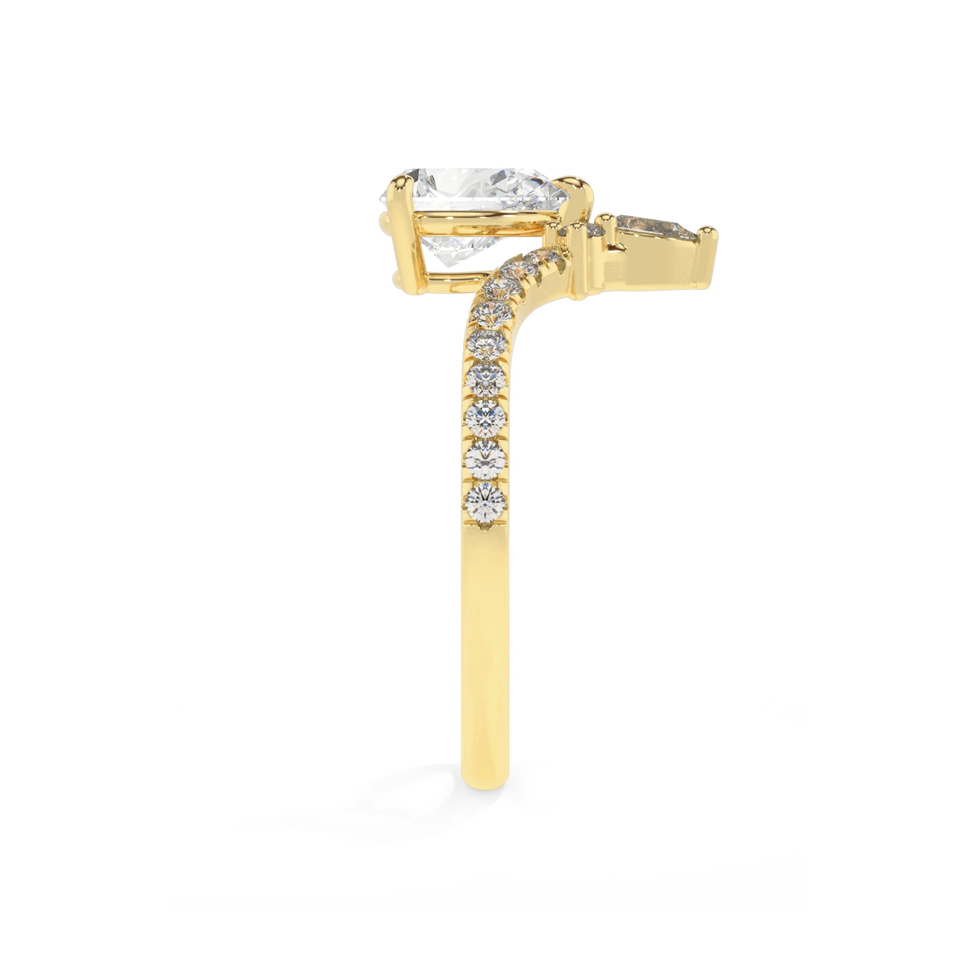 lab grown moissanite pear solitaire rings in yellow gold 