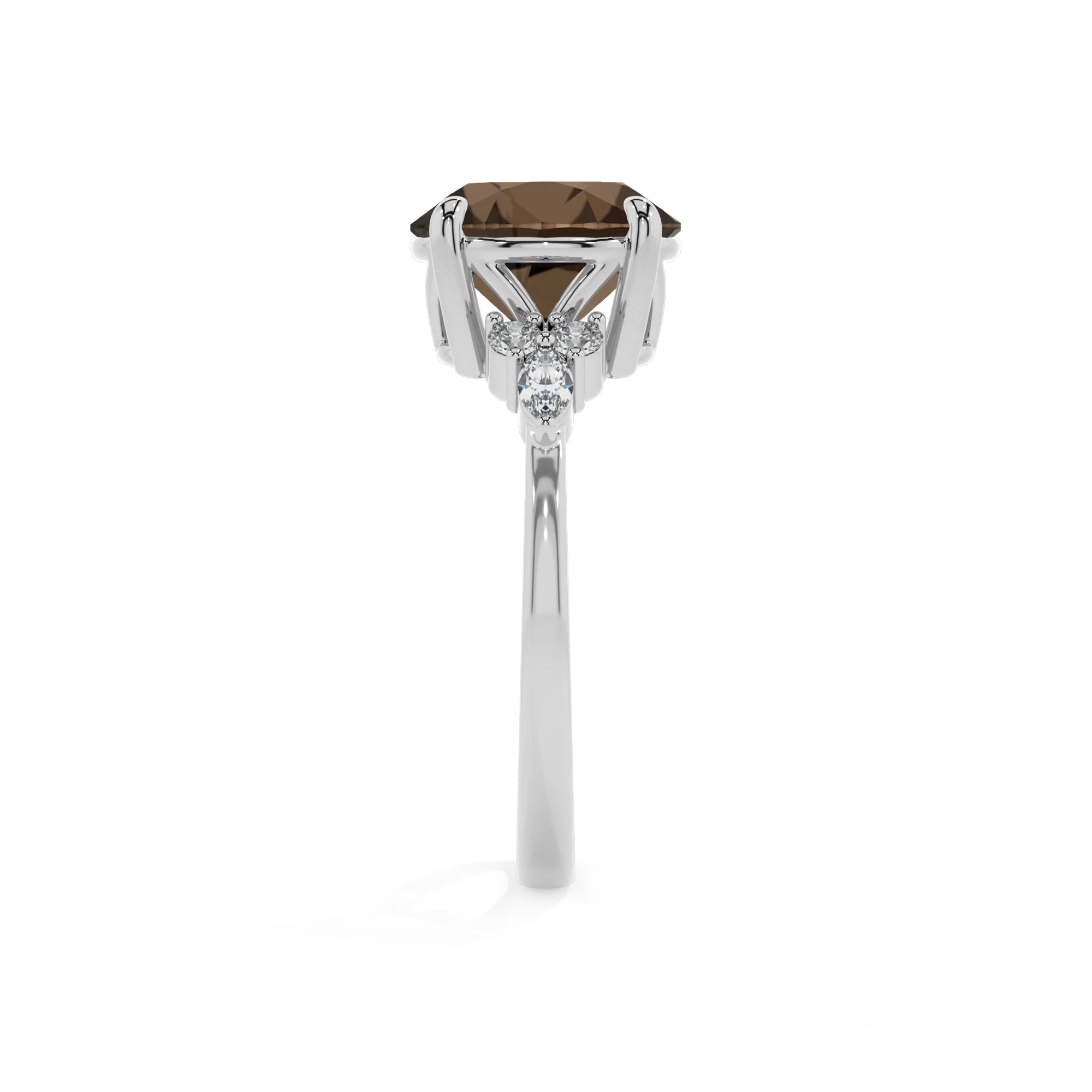 natural smoky-quartz round solitaire rings in white gold 