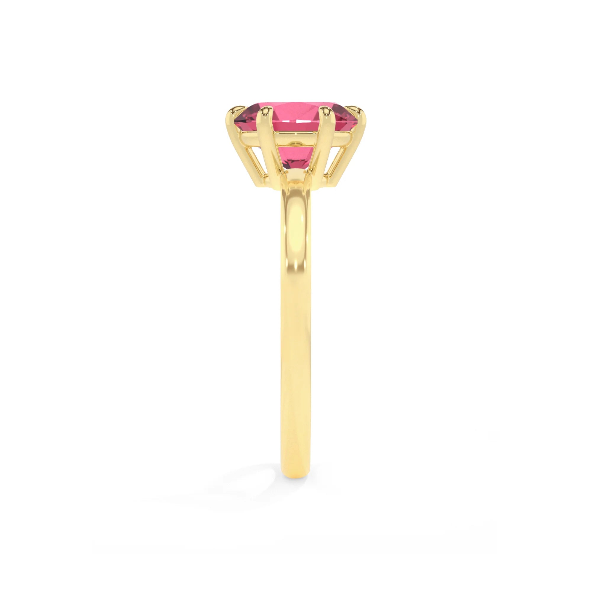 lab grown pink-tourmaline round solitaire rings in yellow gold 
