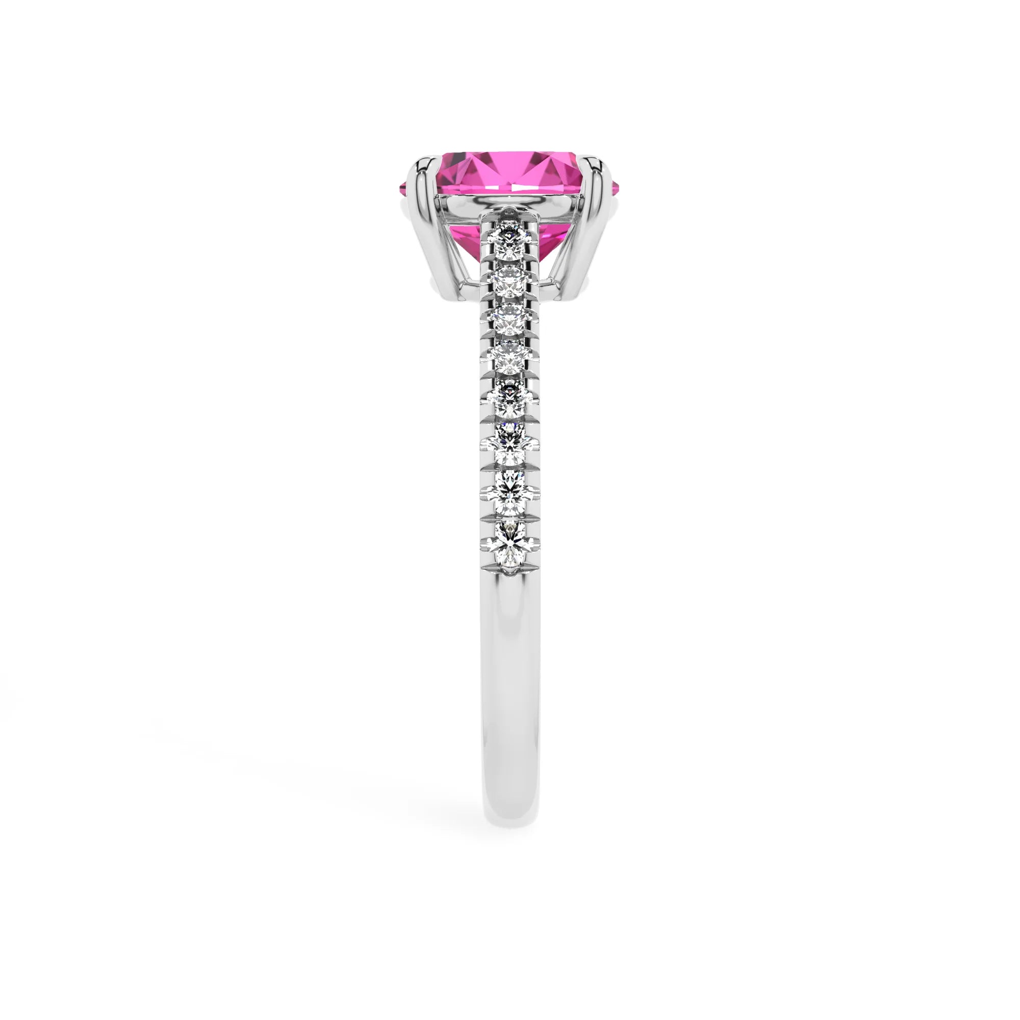 lab grown pink-sapphire round half eternity solitaire engagement rings in white gold 