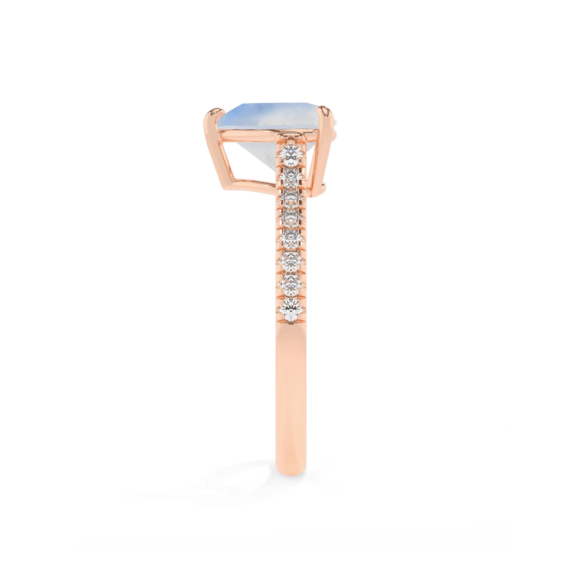 natural rainbow-moonstone heart half eternity solitaire engagement rings in rose gold 