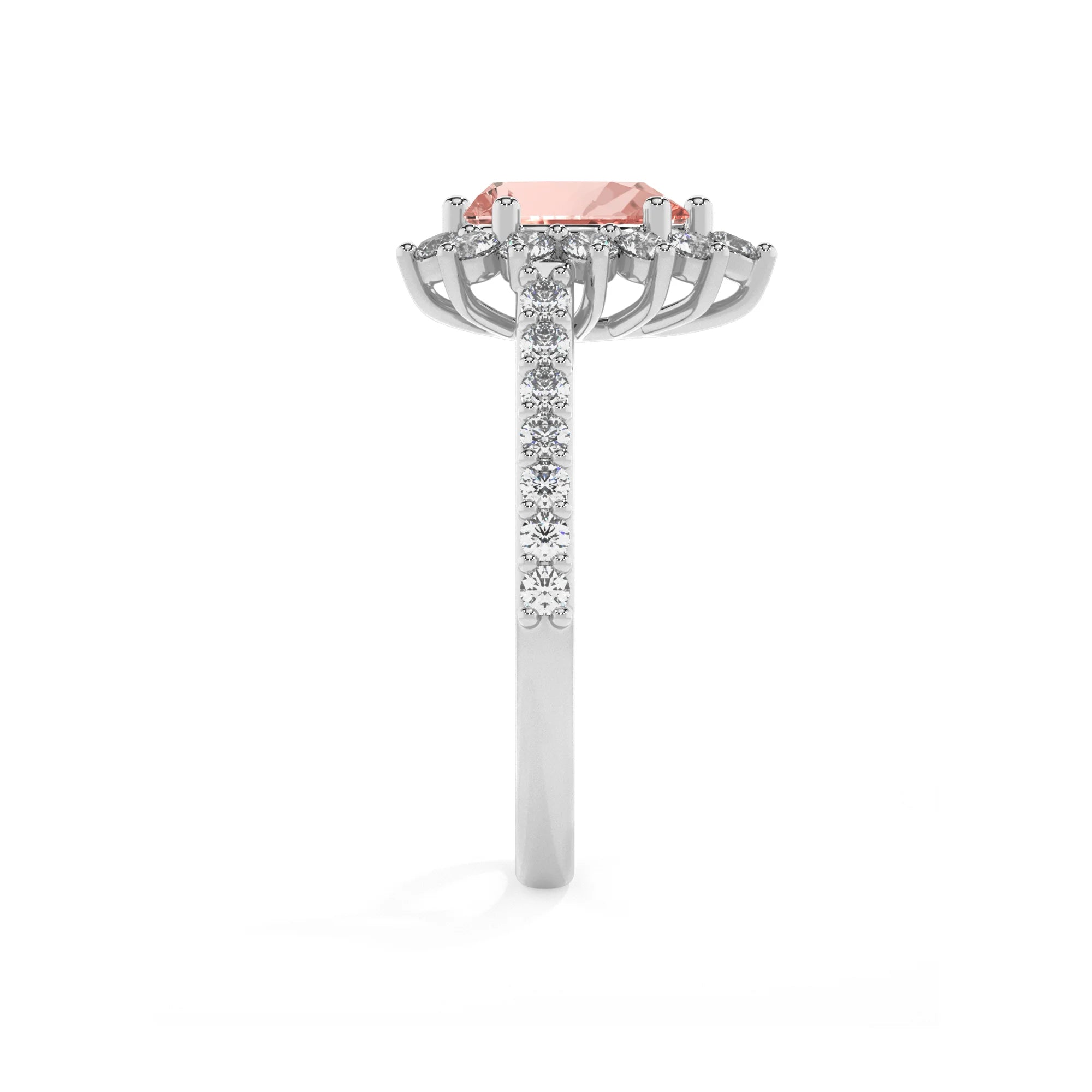 lab grown morganite pear solitaire rings in platinum 