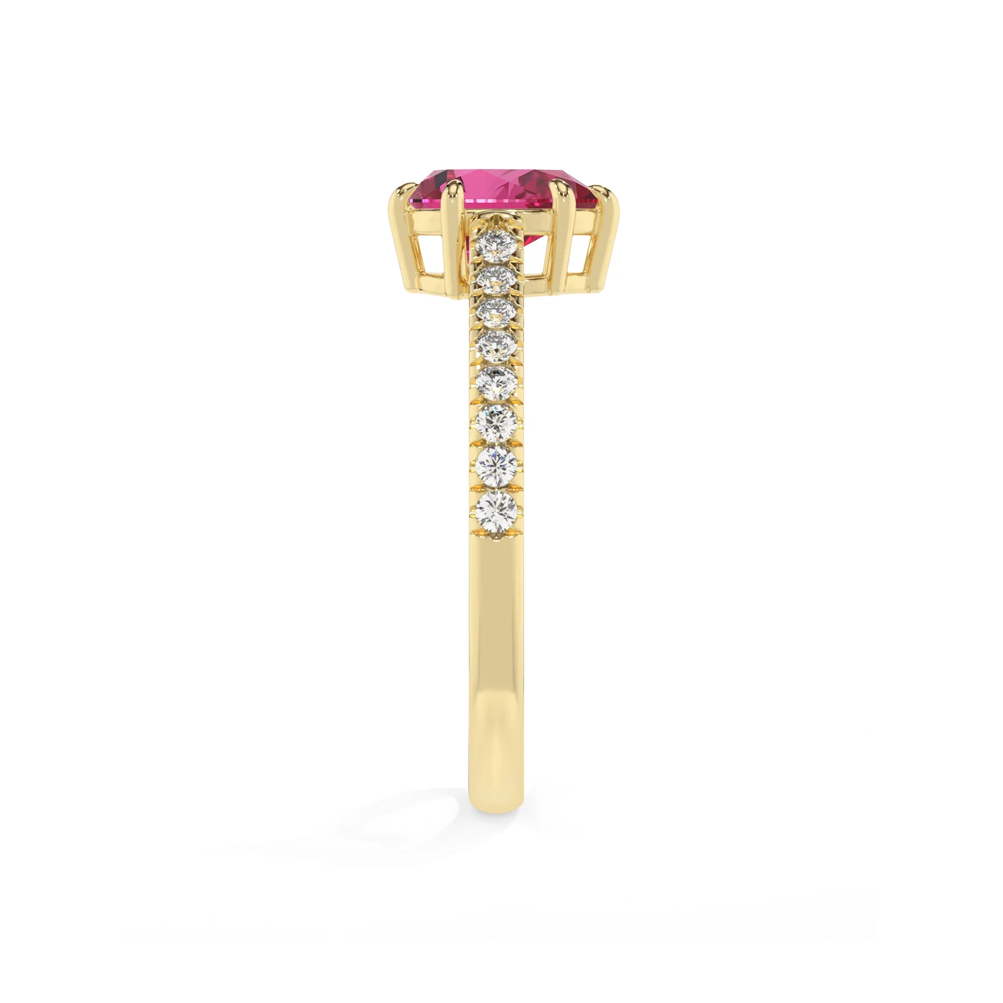 lab grown pink-sapphire pear half eternity solitaire engagement rings in yellow gold 