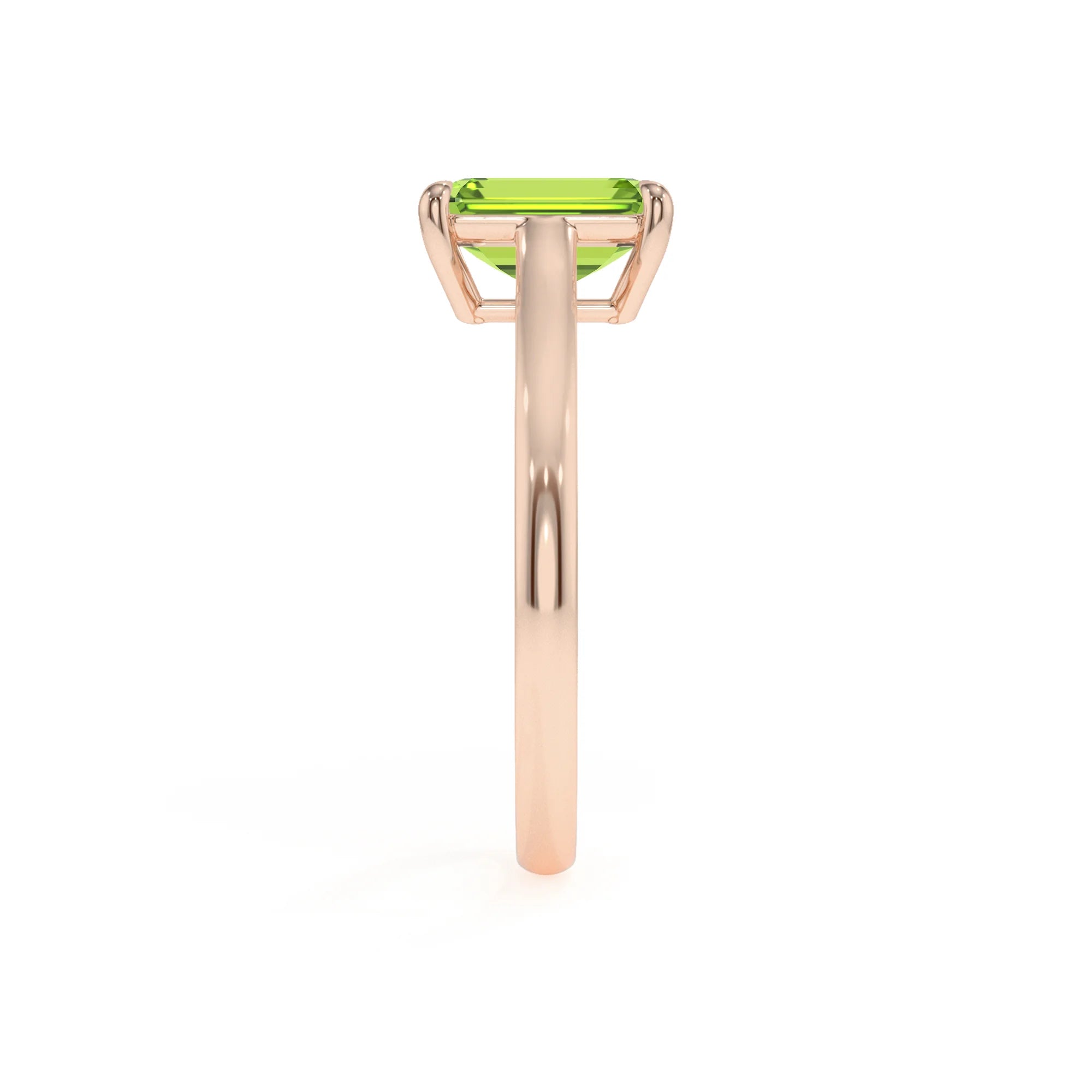 natural peridot emerald cut solitaire rings in rose gold 