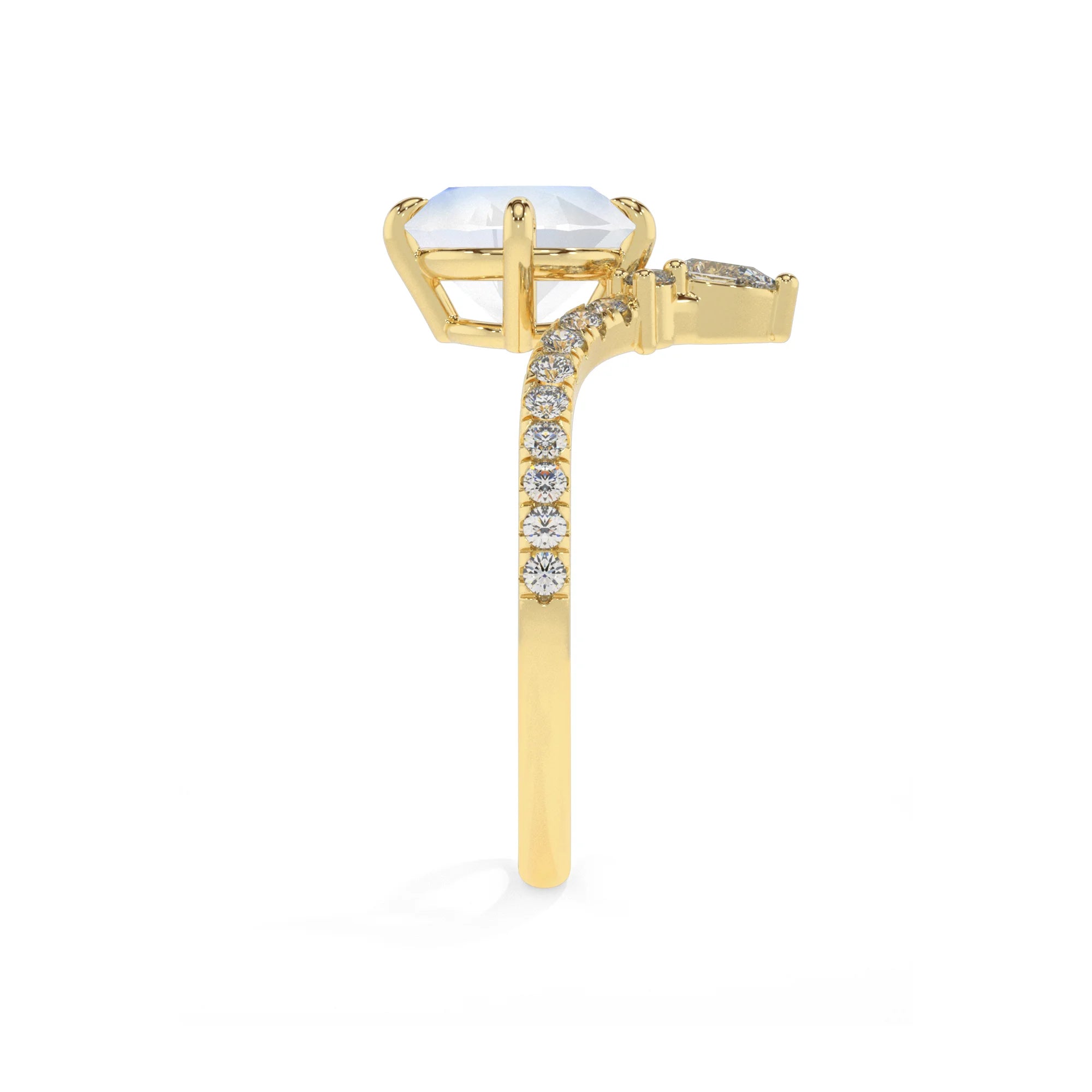 natural rainbow-moonstone round solitaire rings in yellow gold 