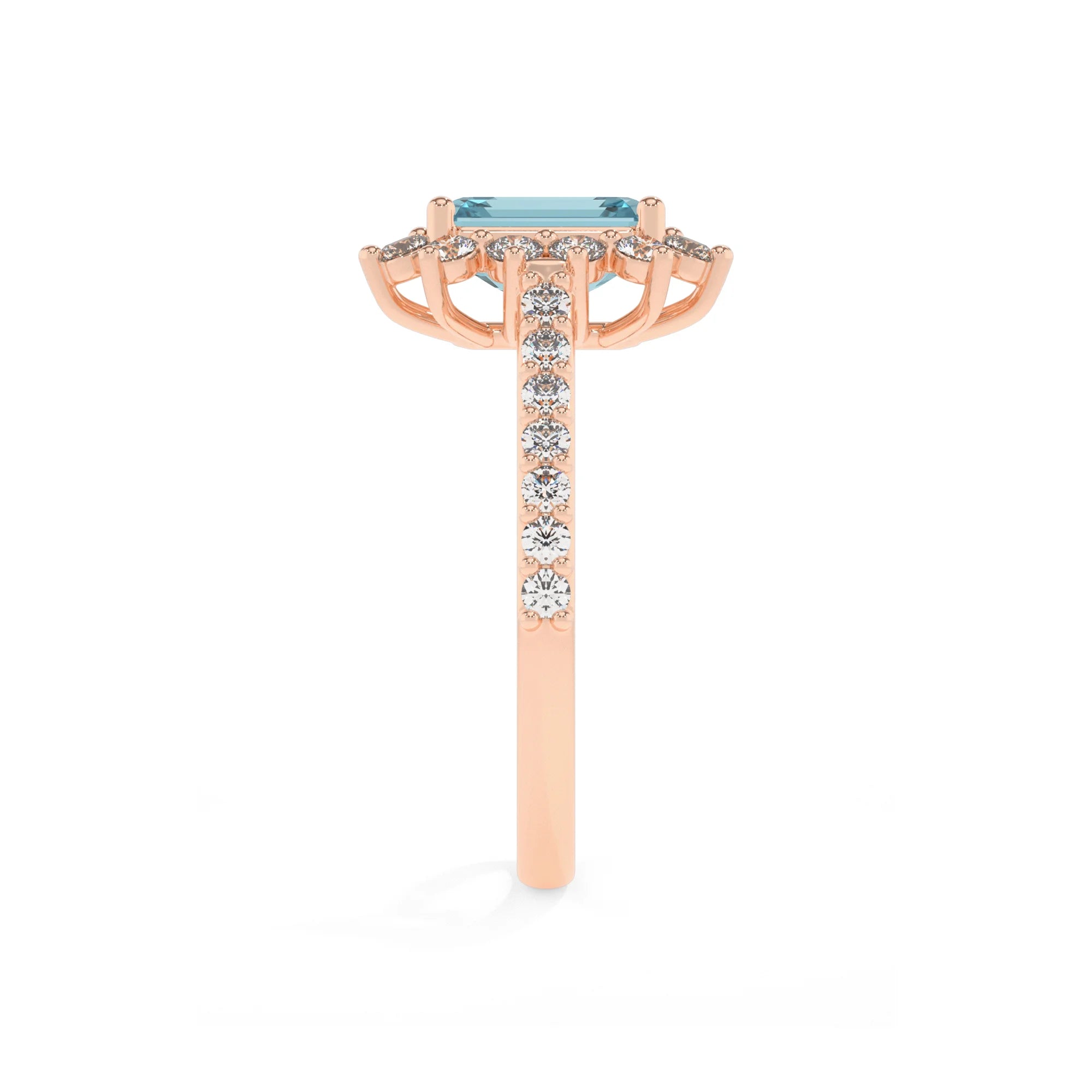 lab grown aquamarine emerald cut solitaire rings in rose gold 