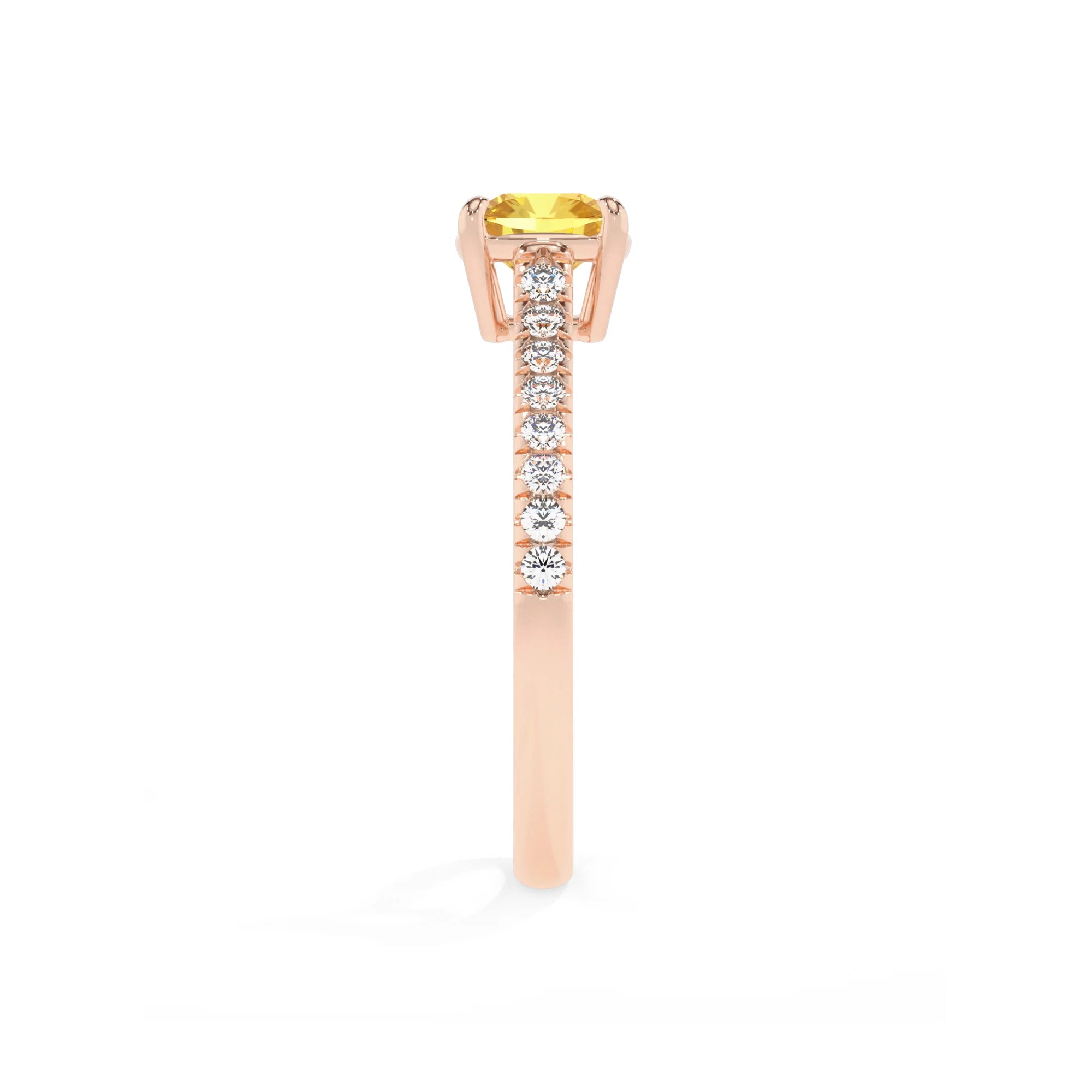 lab grown yellow-sapphire cushion half eternity solitaire engagement rings in rose gold 