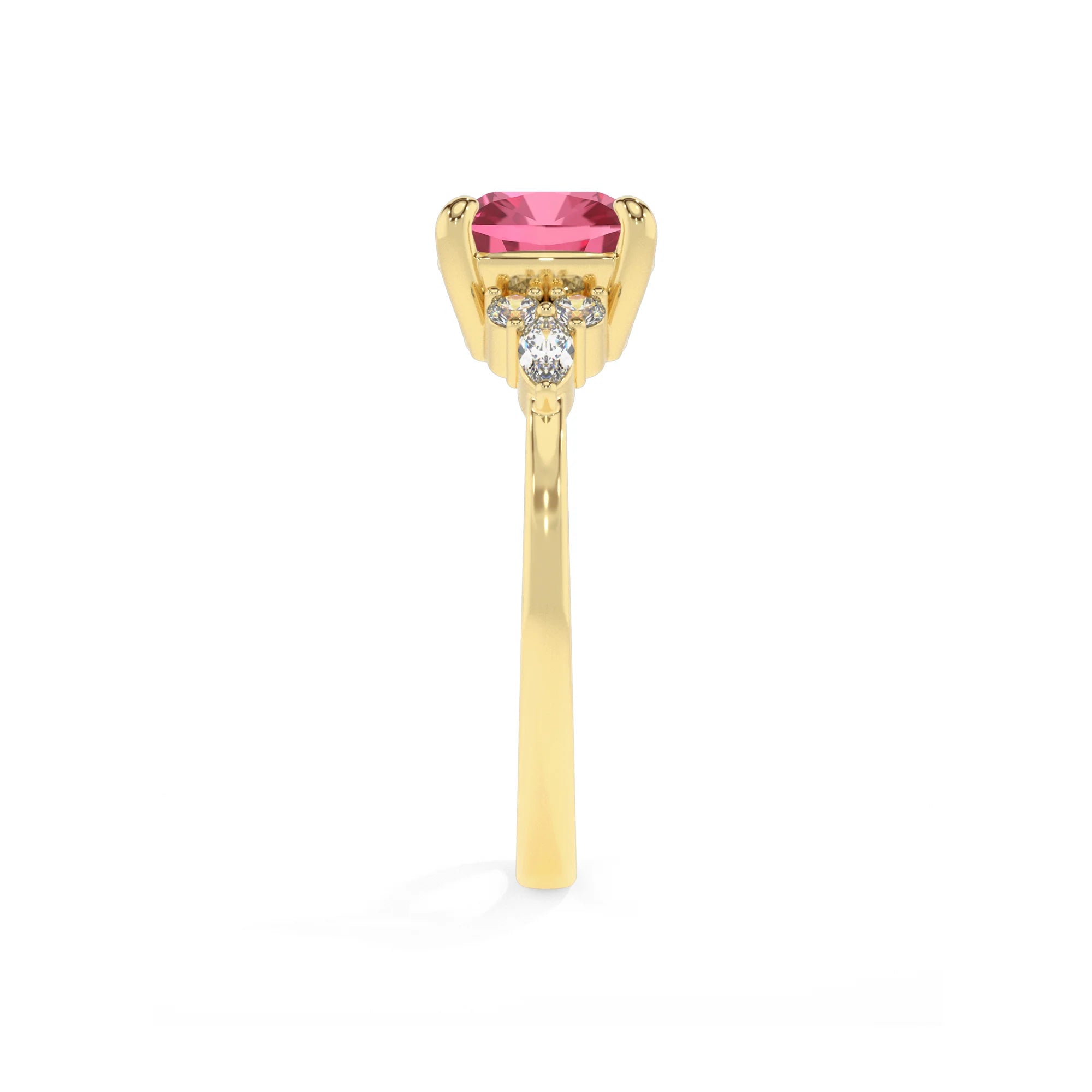lab grown pink-tourmaline cushion solitaire rings in yellow gold 