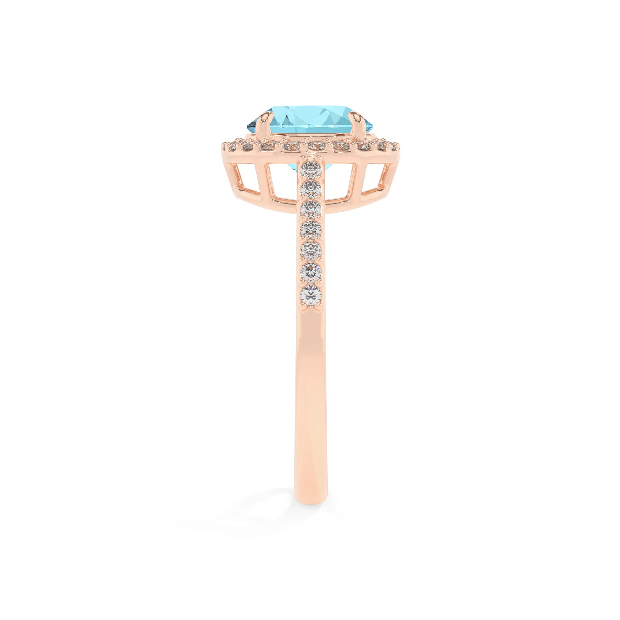lab grown aquamarine round solitaire rings in rose gold 
