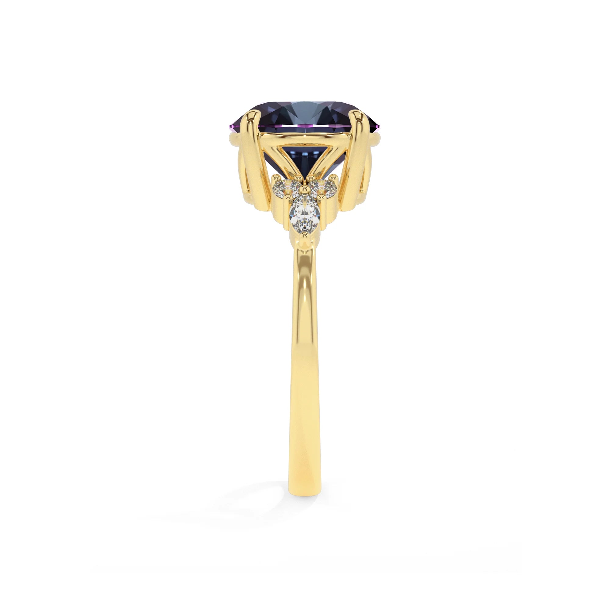 lab grown alexandrite round solitaire rings in yellow gold 