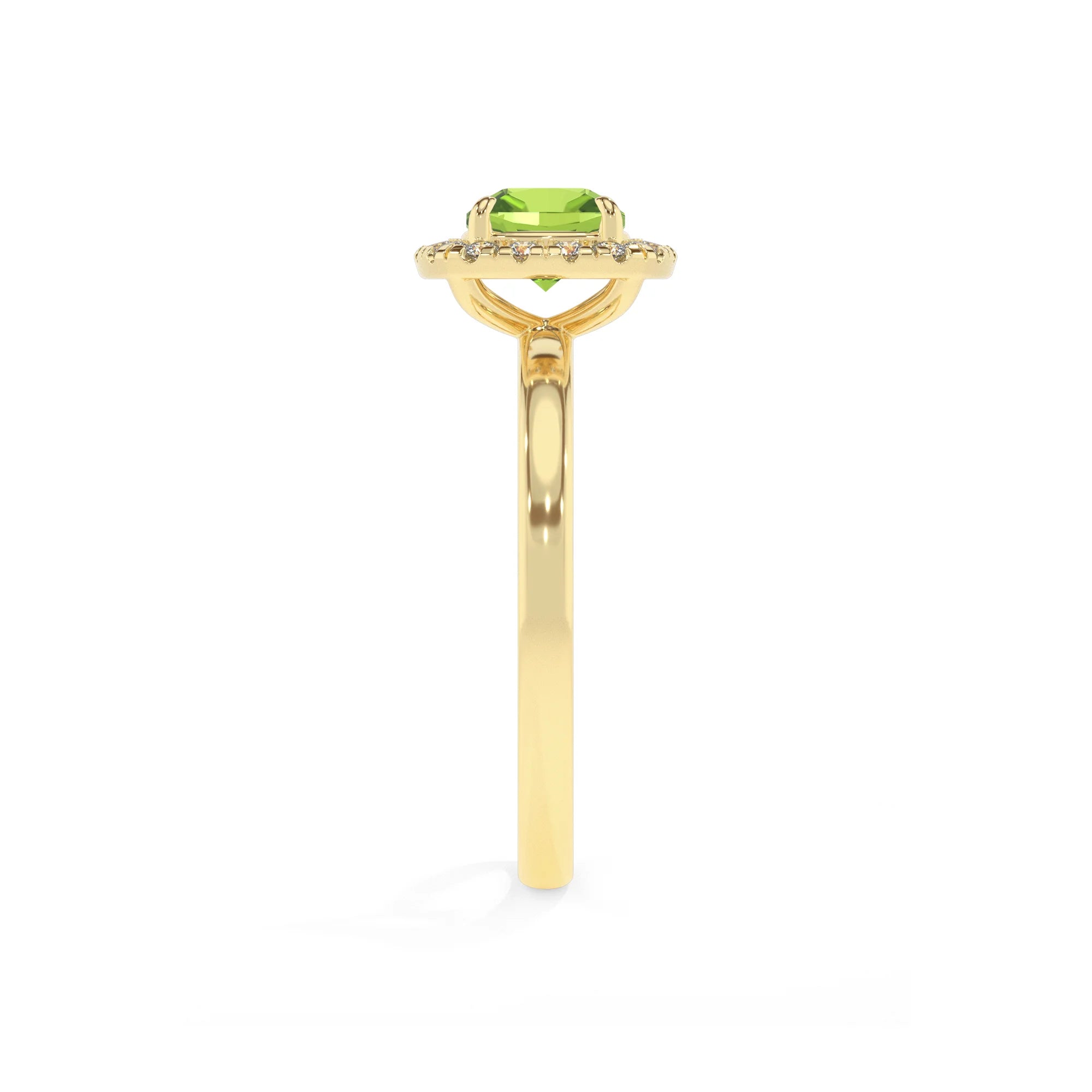 natural peridot cushion solitaire rings in yellow gold 
