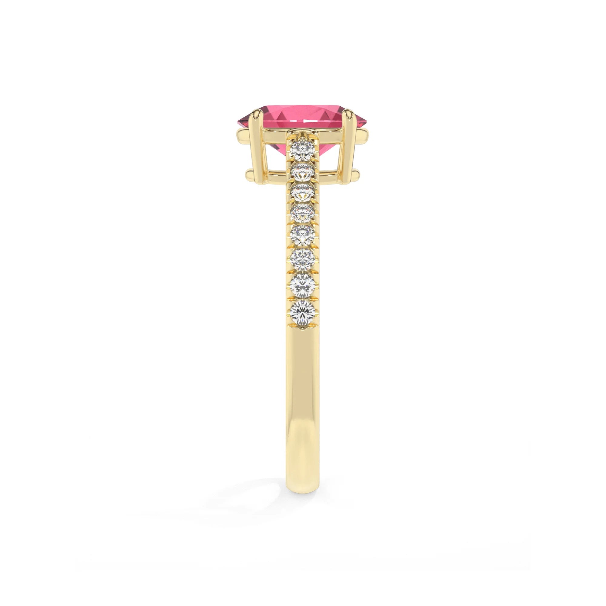 lab grown pink-tourmaline oval half eternity solitaire engagement rings in yellow gold 