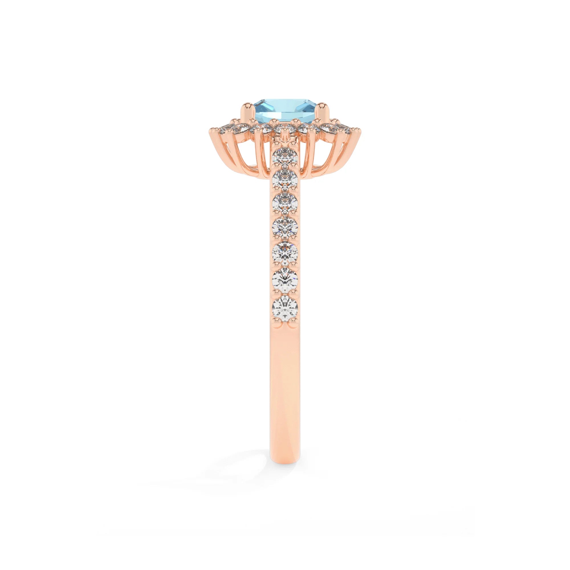 lab grown aquamarine cushion solitaire rings in rose gold 