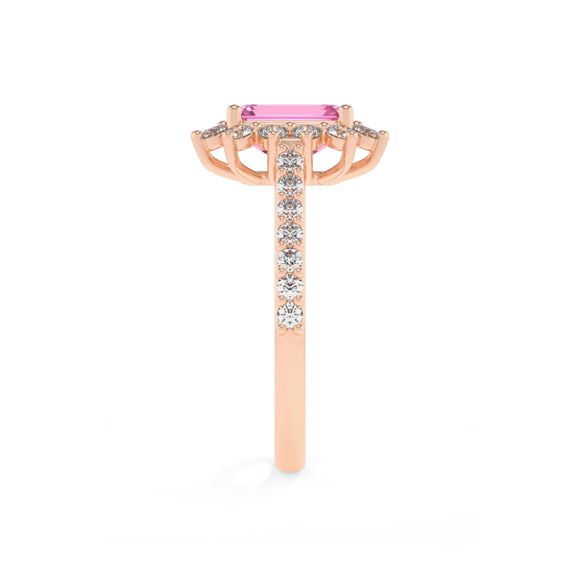 lab grown pink-sapphire emerald cut solitaire rings in rose gold 