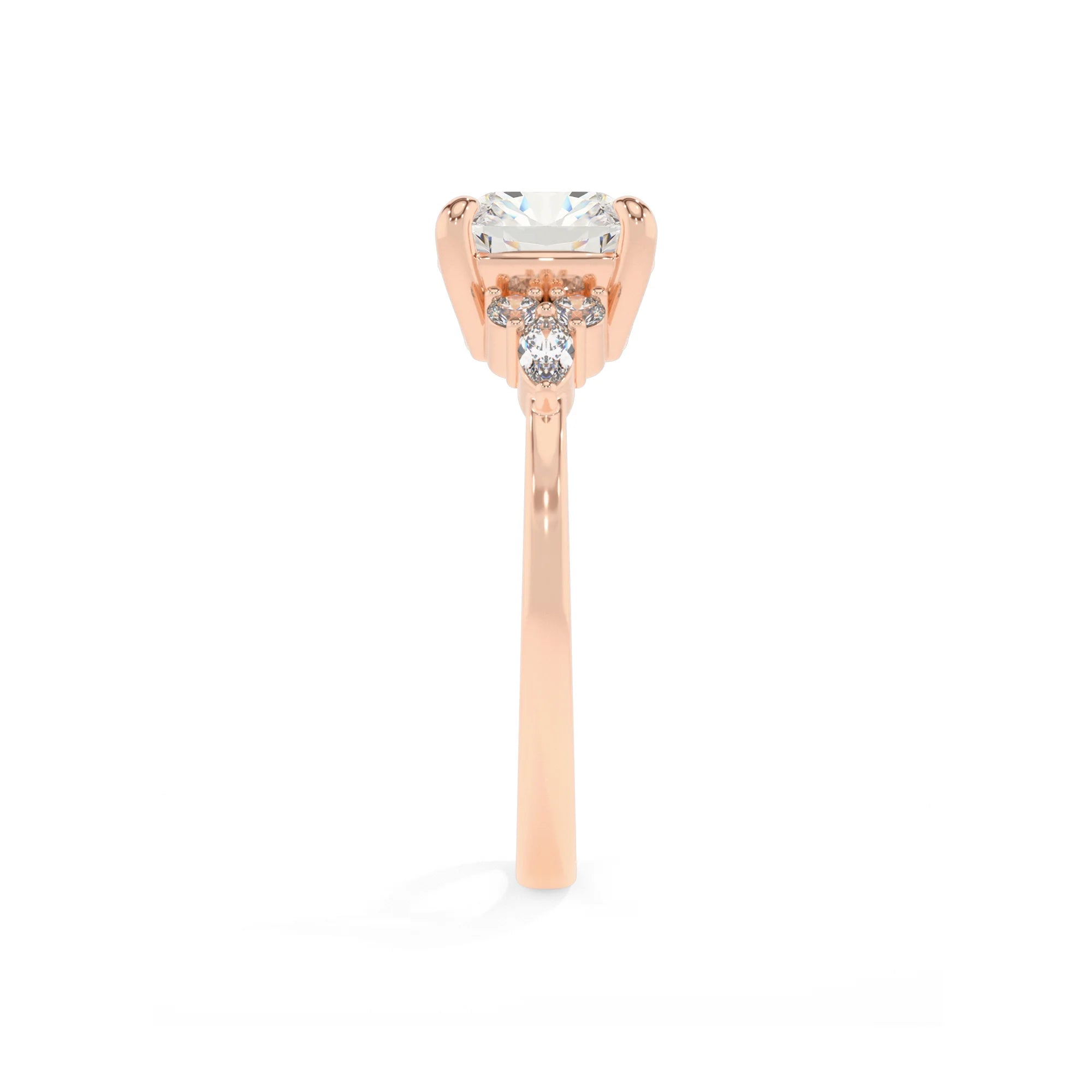 lab grown moissanite cushion solitaire rings in rose gold 