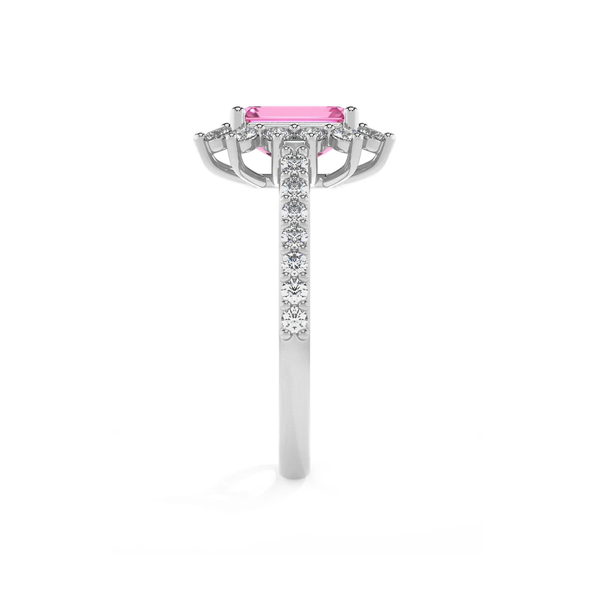 lab grown pink-sapphire emerald cut solitaire rings in platinum 
