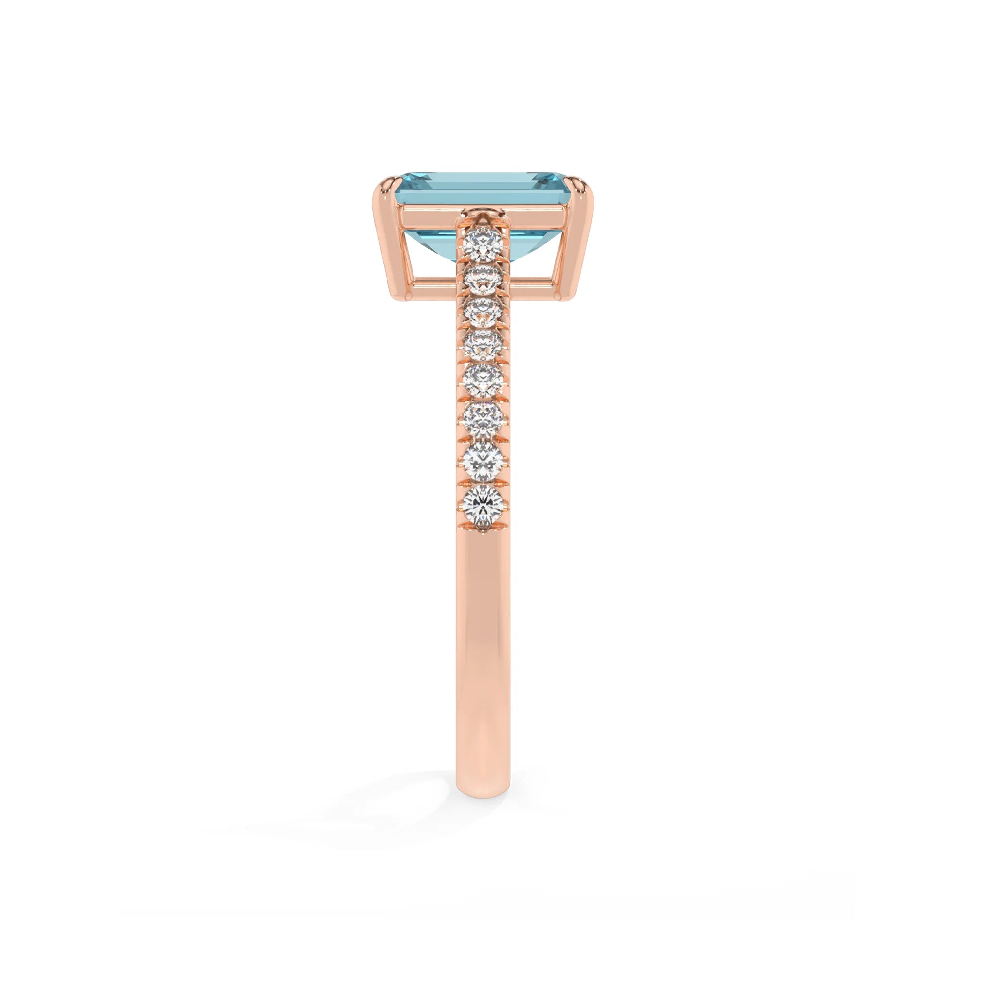 lab grown aquamarine emerald cut half eternity solitaire engagement rings in rose gold 