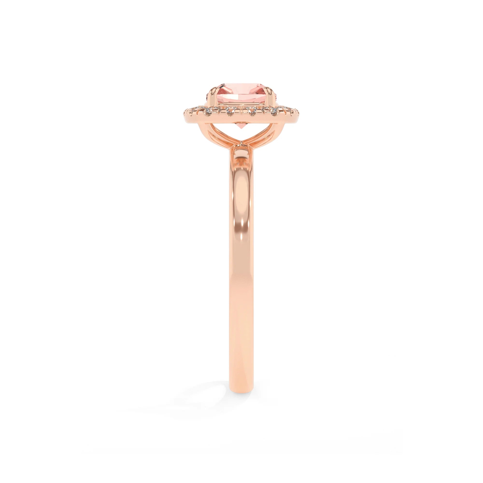lab grown morganite cushion solitaire rings in rose gold 