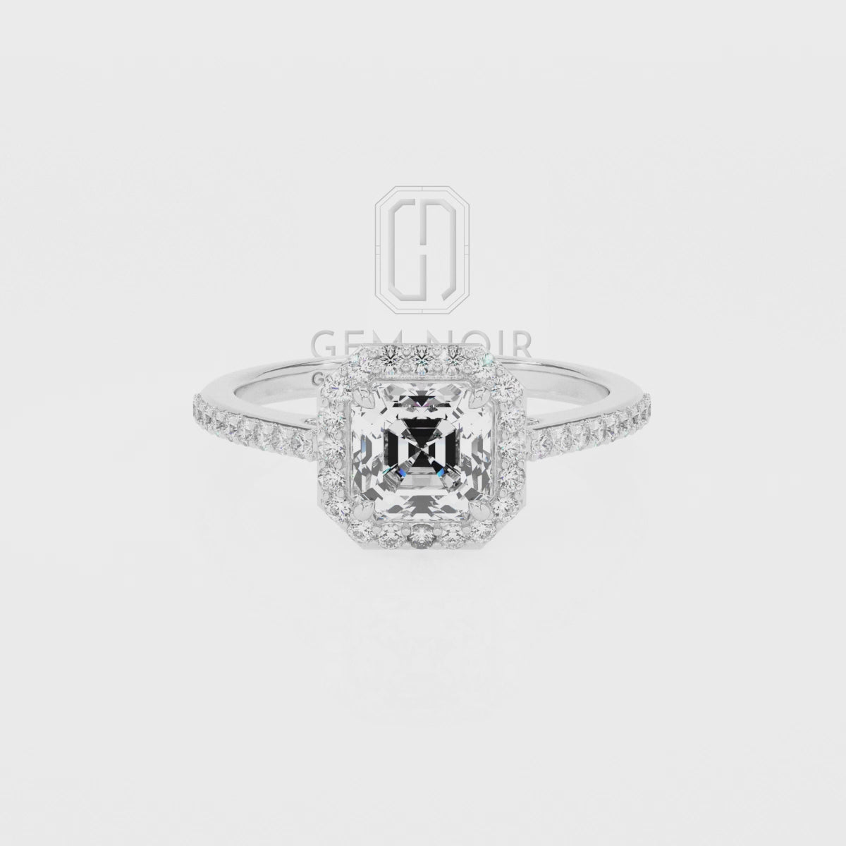Lab Grown Moissanite Asscher Halo Solitaire Engagement Rings
