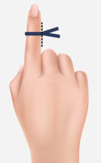 A thread wrapped around the base of a finger, marked where the ends meet